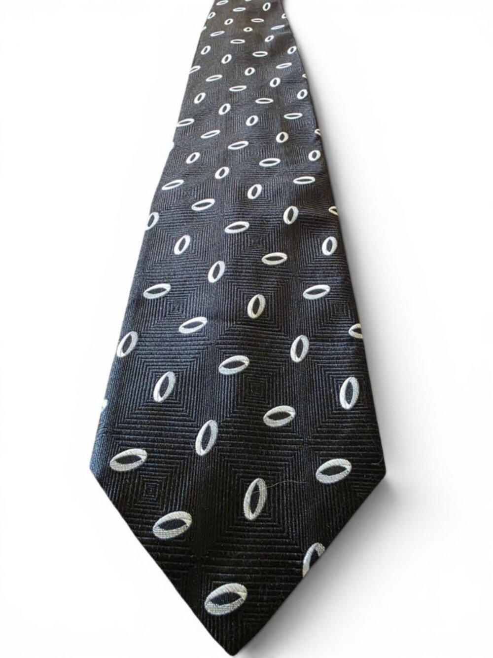 Hugo Boss Men’s Silk Tie Black White Geometric Oval Print Made in Italy - Picture 3 of 11